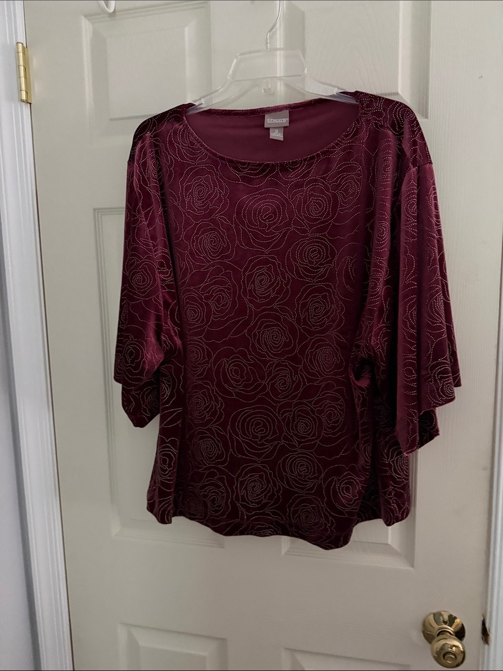 Chico's Burgundy Rose-Print Flutter-Sleeve Tunic